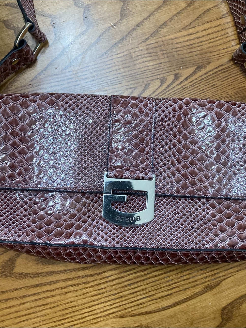 Guess Burgundy Faux Snakeskin Shoulder Bag with Silver-Tone Logo Buckle